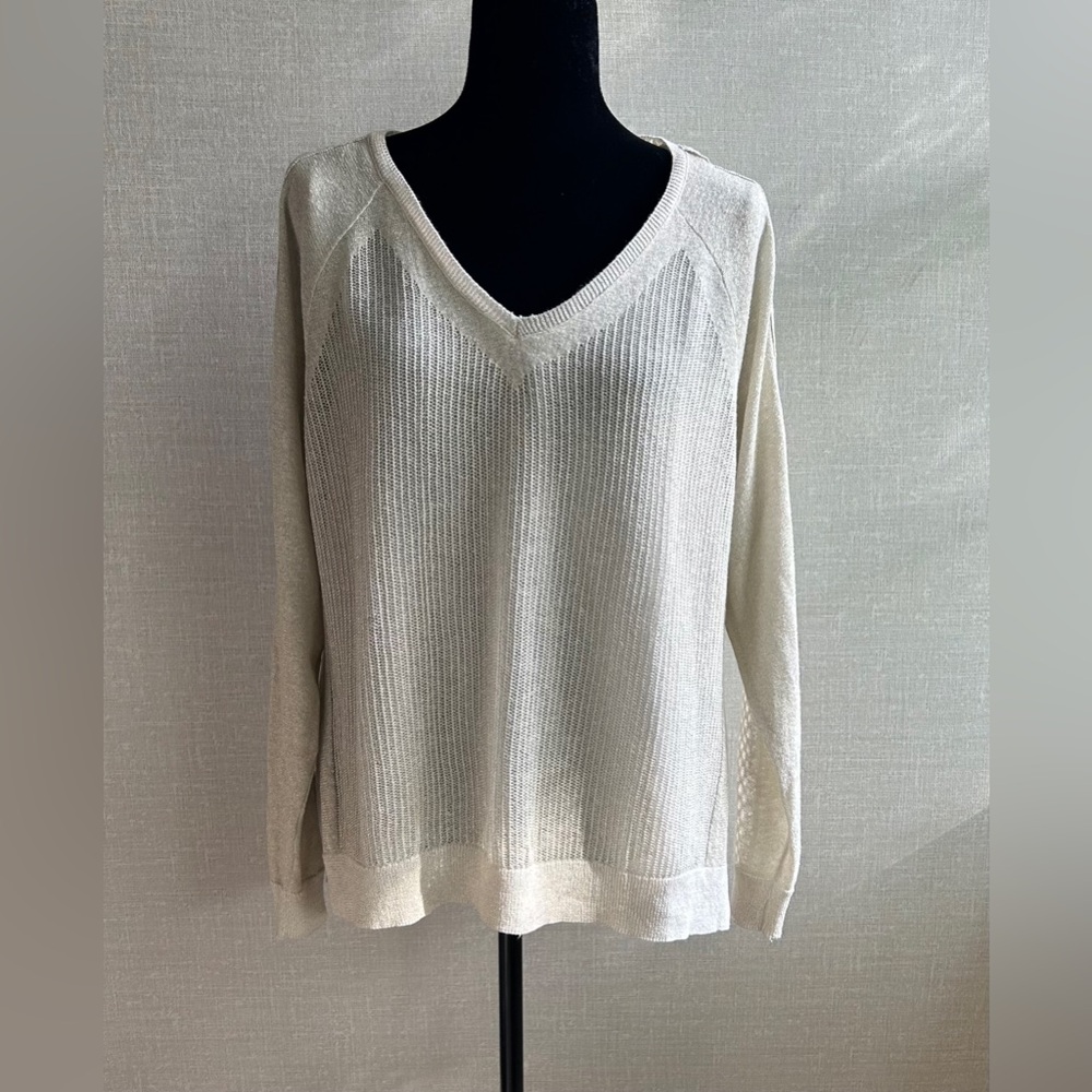 LUCKY BRAND Taupe glittery V Neck Linen Sweater Attached Chiffon Blouse Large